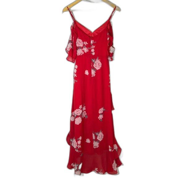Lulus Love in Bloom Red Floral Print Chiffon Off-The-Shoulder Hi-Low Dress Sz XS - Picture 5 of 16